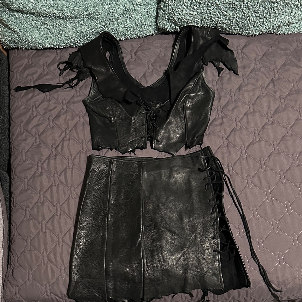Edgy Black Leather Skirt Set